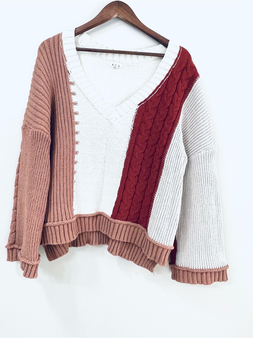 POL Pizazz Color Block V Neck Cable Knit Sweater OVERSIZED L